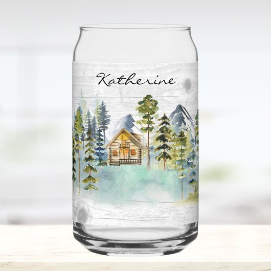 Monogram Waterverf Rustieke Berghut Bos Blikvorm Glas
