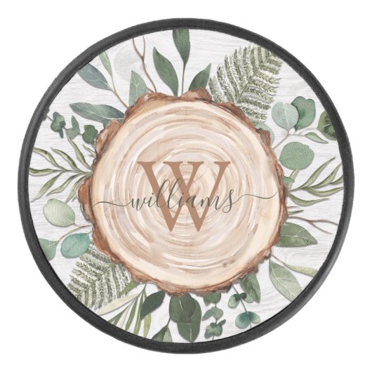 Monogram Waterverf Rustieke Houten Plak en Bladerw Hockey Puck (Voorkant)