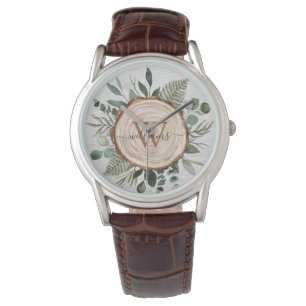Monogram Waterverf Rustieke Houten Plak en Bladerw Horloge