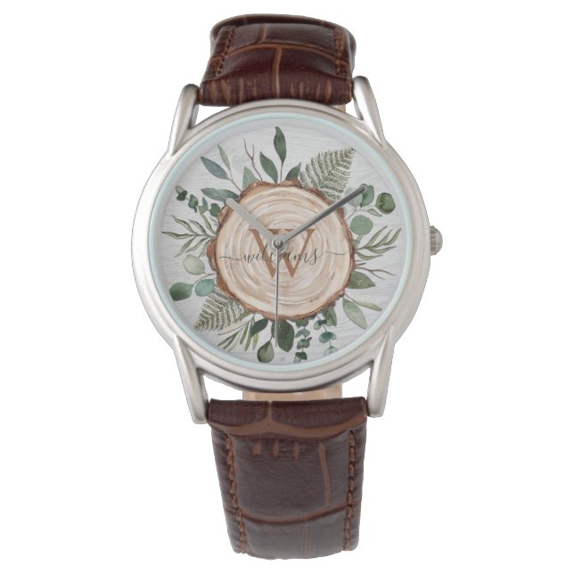 Monogram Waterverf Rustieke Houten Plak en Bladerw Horloge (Voorkant)