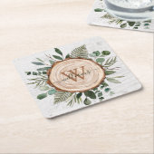 Monogram Waterverf Rustieke Houten Plak en Bladerw Kartonnen Onderzetters (Schuin)