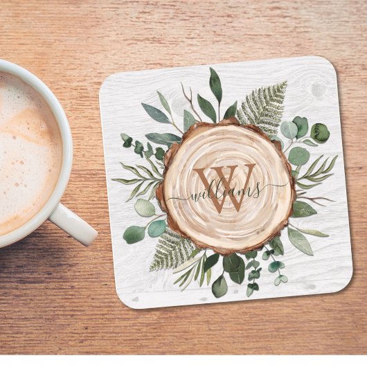 Monogram Waterverf Rustieke Houten Plak en Bladerw Kartonnen Onderzetters