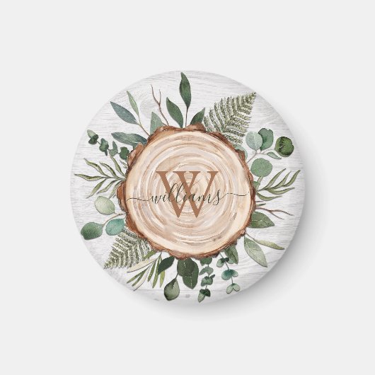 Monogram Waterverf Rustieke Houten Plak en Bladerw Magneet (Voorkant)
