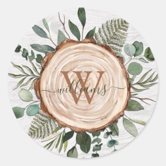 Monogram Waterverf Rustieke Houten Plak en Bladerw Ronde Sticker (Voorkant)