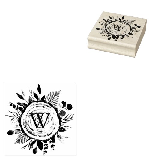 Monogram Waterverf Rustieke Houten Plak en Bladerw Rubberstempel (Gestempeld)