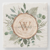 Monogram Waterverf Rustieke Houten Plak en Bladerw Stenen Onderzetter (Voorkant)