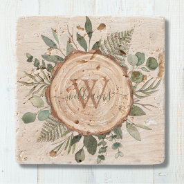 Monogram Waterverf Rustieke Houten Plak en Bladerw Stenen Onderzetter