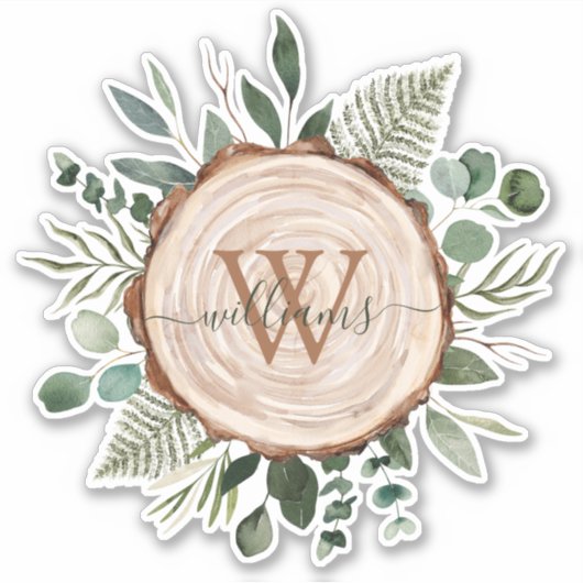 Monogram Waterverf Rustieke Houten Plak en Bladerw Sticker (Voorkant)