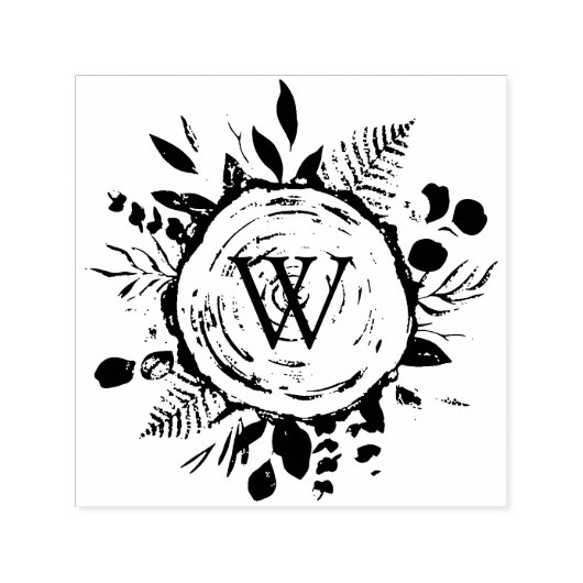 Monogram Waterverf Rustieke Houten Plak en Bladerw Zelfinktende Stempel (Design)