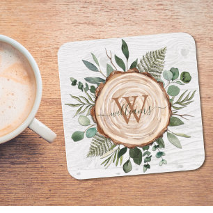 Monogram Waterverf Rustieke Houten Schijf en Blad Kartonnen Onderzetters