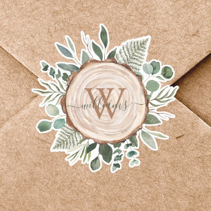 Monogram Waterverf Rustieke Houten Schijf en Blad Sticker