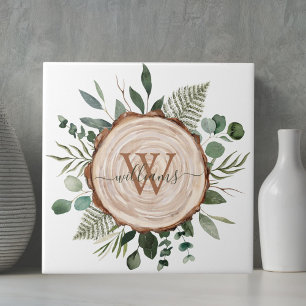 Monogram Waterverf Rustieke Houten Schijf en Blad Tegeltje