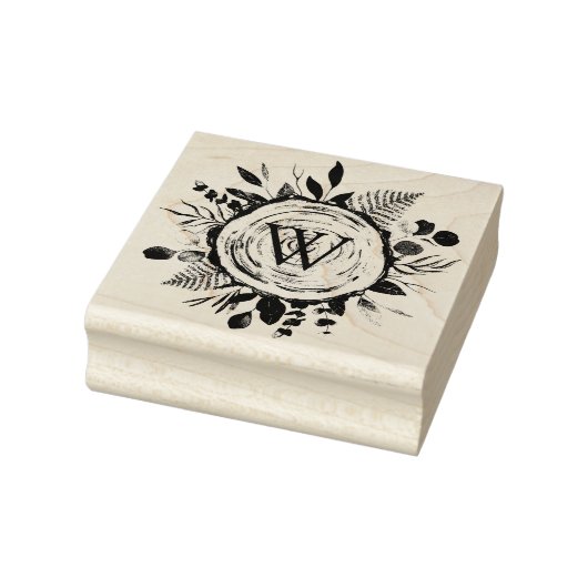 Monogram Waterverf Rustieke Houten Schijf en Bladw Rubberstempel (Stempel)