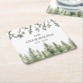 Monogram Waterverf Rustieke Pijnbomen en Takken Kartonnen Onderzetters (Schuin)