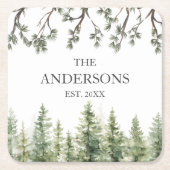 Monogram Waterverf Rustieke Pijnbomen en Takken Kartonnen Onderzetters (Voorkant)