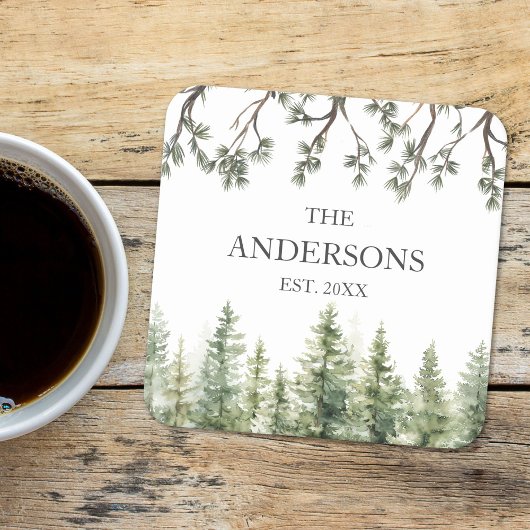 Monogram Waterverf Rustieke Pijnbomen en Takken Kartonnen Onderzetters