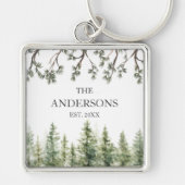 Monogram Waterverf Rustieke Pijnbomen en Takken Sleutelhanger (Voorkant)