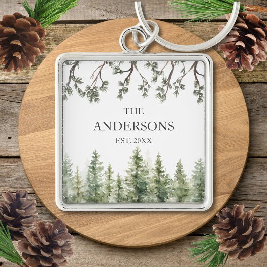 Monogram Waterverf Rustieke Pijnbomen en Takken Sleutelhanger