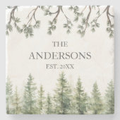 Monogram Waterverf Rustieke Pijnbomen en Takken Stenen Onderzetter (Voorkant)