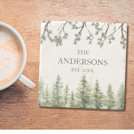 Monogram Waterverf Rustieke Pijnbomen en Takken Stenen Onderzetter