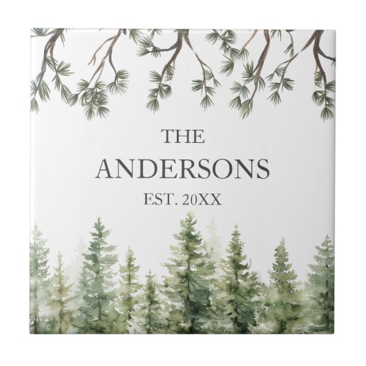 Monogram Waterverf Rustieke Pijnbomen en Takken Tegeltje (Voorkant)