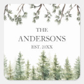 Monogram Waterverf Rustieke Pijnbomen en Takken Vierkante Sticker (Voorkant)
