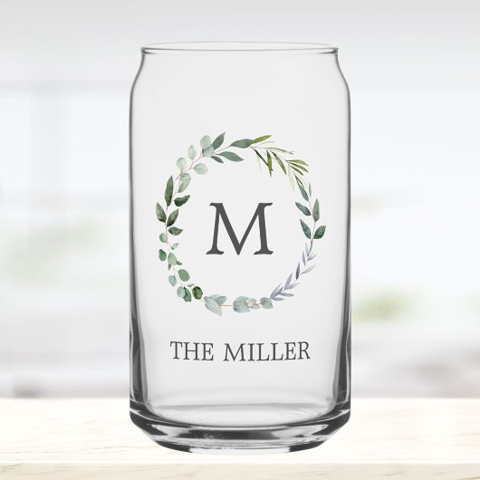 Monogram Waterverf Saliegroene Bladeren Krans Blikvorm Glas