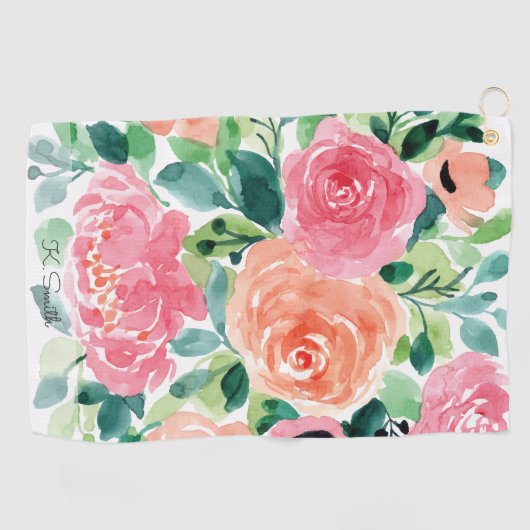 Monogram Waterverf Spring Flowers Golfhanddoek (Horizontaal)