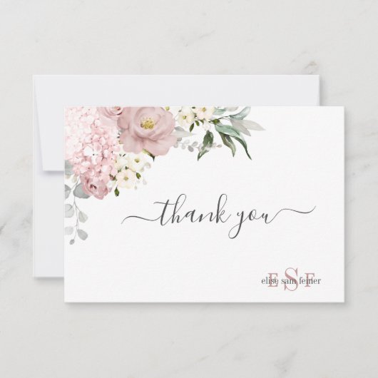 Monogram Waterverf Stof Rozen Hortensia Bedankkaart (Voorkant)