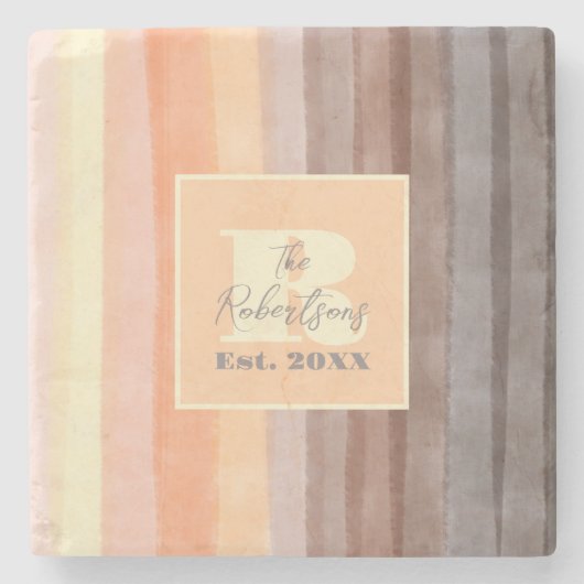 Monogram waterverf strepen bruin sinaasappel geel stenen onderzetter (Voorkant)