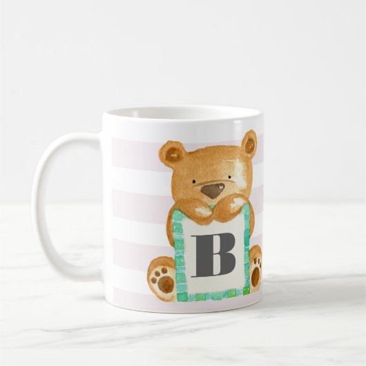 Monogram Waterverf Teddy Bear Gepersonaliseerde Mo Koffiemok (Links)