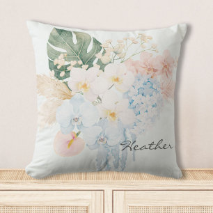 Monogram Waterverf Tropische Bloemen Boeket Bloemi Kussen
