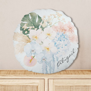 Monogram Waterverf Tropische Bloemen Boeket Bloemi Rond Kussen