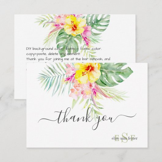 Monogram Waterverf Tropische bloemen Bouw Dank Bedankkaart (Voorkant / Achterkant)