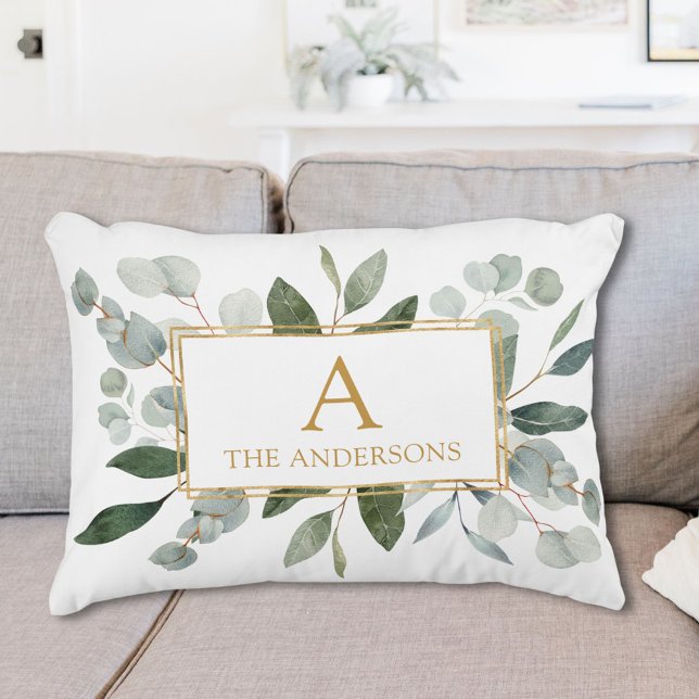 Monogram Waterverf Tropische Groene Bladeren Accent Kussen (Creator heeft geüpload)