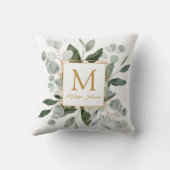 Monogram Waterverf Tropische Groene Bladeren Wit Kussen (Achterkant)