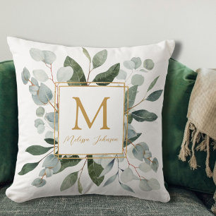 Monogram Waterverf Tropische Groene Bladeren Wit Kussen