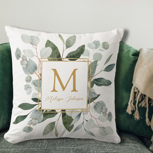 Monogram Waterverf Tropische Groene Bladeren Wit Kussen