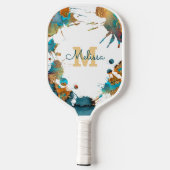 Monogram Waterverf Turquoise Goud Oranje Spatten Pickleball Paddle (Achterkant)