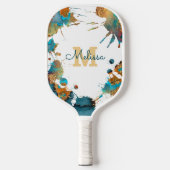 Monogram Waterverf Turquoise Goud Oranje Spatten Pickleball Paddle (Voorkant)