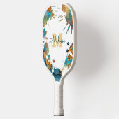 Monogram Waterverf Turquoise Goud Oranje Spatten Pickleball Paddle (Links)