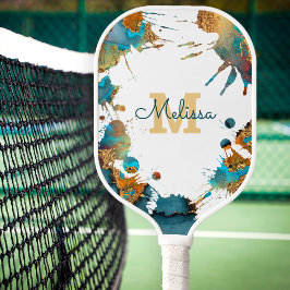 Monogram Waterverf Turquoise Goud Oranje Spatten Pickleball Paddle