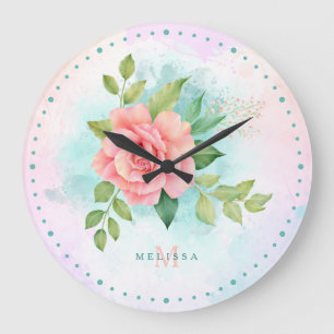 Monogram Waterverf Turquoise Ombre Pink Rose Grote Klok