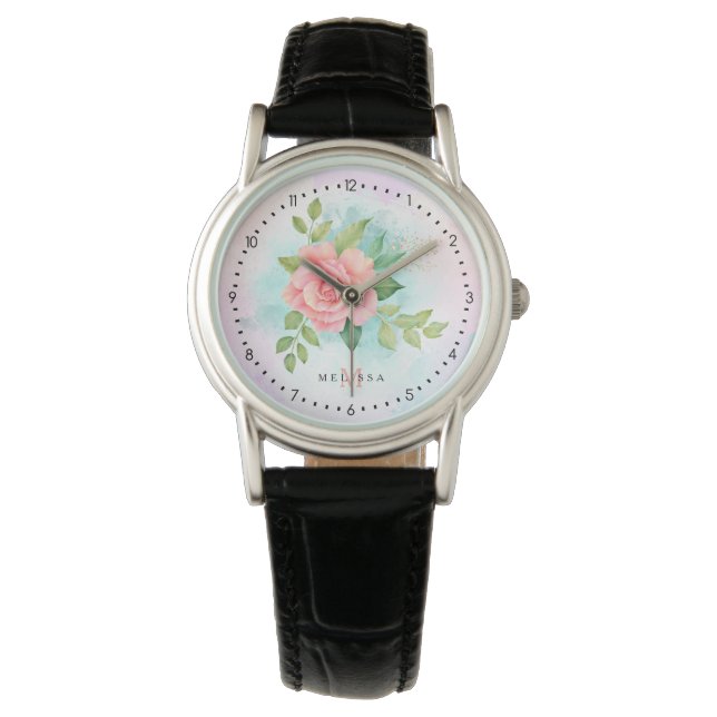 Monogram Waterverf Turquoise Ombre Pink Rose Horloge (Voorkant)