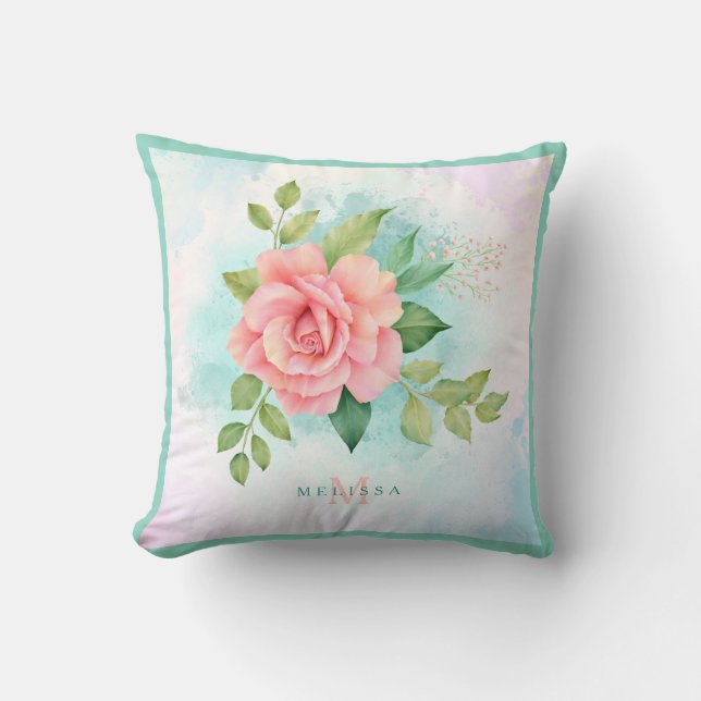 Monogram Waterverf Turquoise Ombre Pink Rose Kussen (Voorkant)