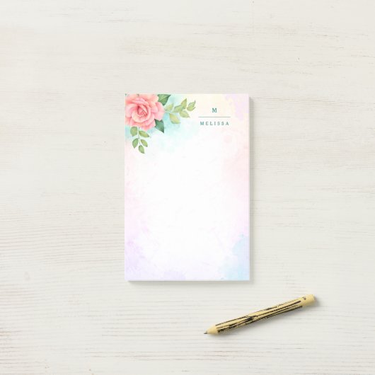 Monogram Waterverf Turquoise Ombre Pink Rose Post-it® Notes (Op bureau)