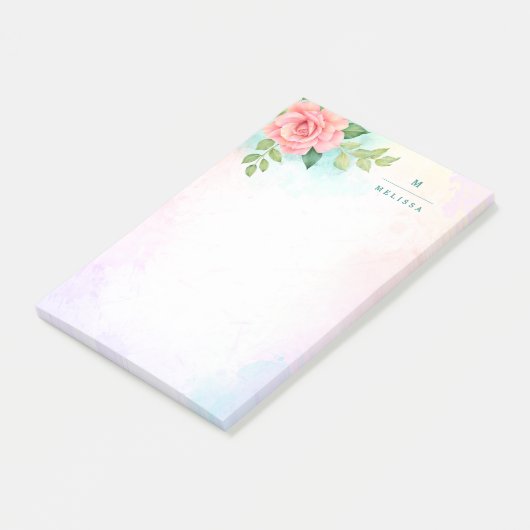 Monogram Waterverf Turquoise Ombre Pink Rose Post-it® Notes (Schuin)