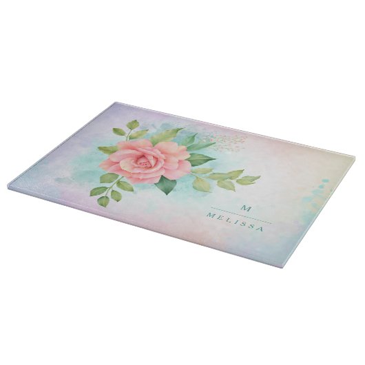Monogram Waterverf Turquoise Ombre Pink Rose Snijplank (Hoek)