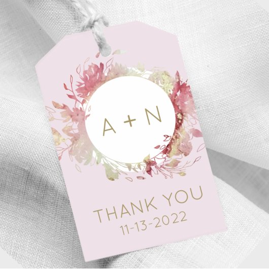 Monogram Waterverf voor Blush roze en gouden Label Cadeaulabel