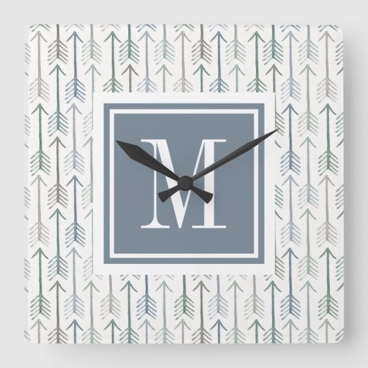 Monogram | Waterverf Wanderlust Arrow Pattern Vierkante Klok (Voorkant)
